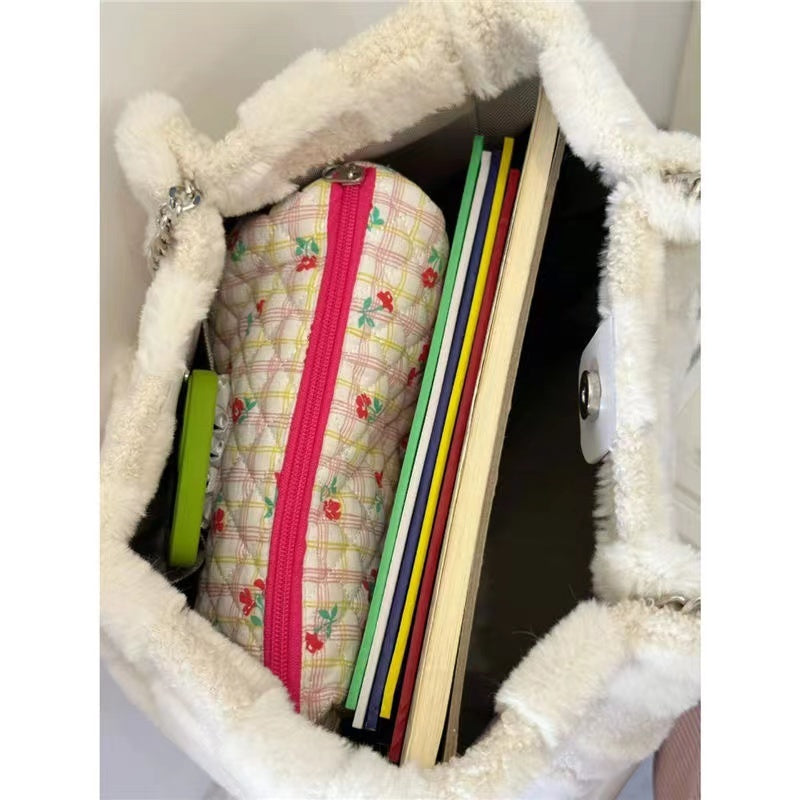 White Plush Casual Tote Bag